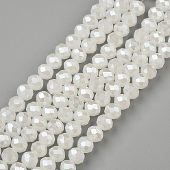 Creamy White Electroplate Glass Beads Strands, Imitation Jade Beads, Pearl Luster Plated, Faceted, Rondelle, Creamy White, 8x6mm, Hole: 1mm, about 65~68pcs/strand, 15.7~16.1 inch(40~41cm)