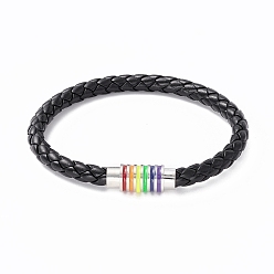 Black Rainbow Pride Bracelet, PU Leather Braided Cord Bracelet with Enamel Magnetic Clasps for Men Women, Black, 8-1/4 inch(20.8cm)