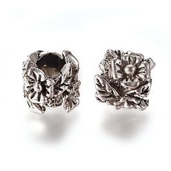 Antique Silver Tibetan Style Alloy European Large Hole Beads, Column with Flowers, Cadmium Free & Nickel Free & Lead Free, Antique Silver, 10x11x11.5mm, Hole: 5mm, about 340pcs/1000g