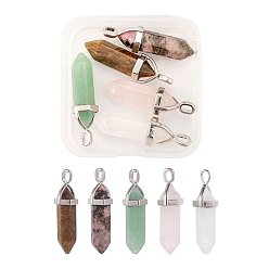 Mixed Stone 5Pcs 5 Style Natural Gemstone Pendants, with Platinum Brass Findings, Bullet, 1Pc/Style