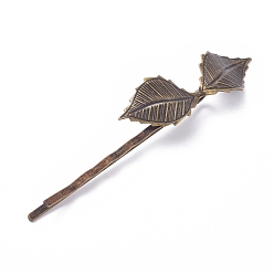 Bronze Antique Épingles à cheveux à cheveux de fer, avec les accessoires en laiton, feuille, sans nickel, bronze antique, 72x4.5 mm, feuille: 42x14 mm
