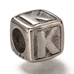 Letter K 304 de acero inoxidable de cuentas europeo, abalorios de grande agujero, agujero horizontal, cubo con la letra, color acero inoxidable, letter.k, 8x8x8 mm, agujero: 4.5 mm