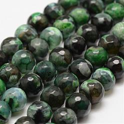 Green Faceted Natural Fire Crackle Agate Beads Strands, Round, Dyed & Heated, Green, 10mm, Hole: 1.5mm, about 38pcs/strand, 14 inch(35.6cm)