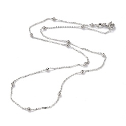 Real Platinum Plated Brass Cable Chain Necklaces, with Round Beads and Lobster Claw Clasps, Long-Lasting Plated, Real Platinum Plated, 18.1~18.50 inch(46~47cm), 1mm