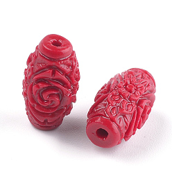 Rouge Perles de corail synthétiques, teint, ovale avec des fleurs, rouge, 16.5x9mm, Trou: 1~2mm