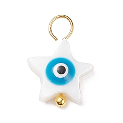 Deep Sky Blue Natural Freshwater Shell Charms, with Golden Tone Alloy Loops, Star with Evil Eye, Deep Sky Blue, 14.5x10x3.5mm, Hole: 3mm