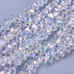 AB Color Plated Electroplate Glass Beads Strands, Top Drilled Beads, AB Color Plated, Faceted, Hexagon, AB Color Plated, 6x6x4.5mm, Hole: 1.2mm, about 100pcs/strand, 11.42 inch(29cm)
