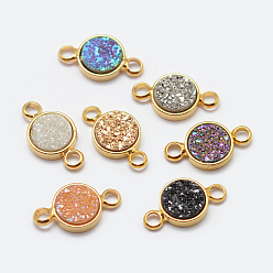 Mixed Color Electroplated Natural Druzy Agate Links connectors, with Brass Findings, Flat Round, Golden, Mixed Color, 13x7x2.5mm, Hole: 2mm
