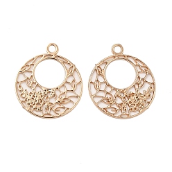 Light Gold Long-Lasting Plated Brass Filigree Charms, Flat Round with Flower Charm, Light Gold, 14x12x0.3mm, Hole: 1.2mm