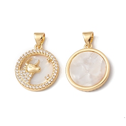Taurus Rack Plating Brass Shell Pendants, with Cubic Zirconia & Natural Shell, Flat Round with Constellation Charms, Cadmium Free & Lead Free, Long-Lasting Plated, Real 18K Gold Plated, Taurus, 19x16x3mm, Hole: 4x3.5mm