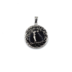 Blue Goldstone Synthetic Blue Goldstone Pendants, Tree of Life Charms with Platinum Plated Alloy Findings, 31x27mm