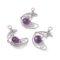Amethyst Natural Amethyst Pendants, Moon Charms, with Rack Plating Platinum Tone Brass Findings, Cadmium Free & Lead Free, 31.5~33x22x8.5mm, Hole: 2.5~3mm