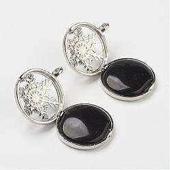 Black Agate Natural Black Agate Pendants, with Brass Diffuser Locket Findings, Flat Round with Snowflake, 31x26x8mm, Hole: 4mm