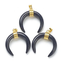 Blue Goldstone Synthetic Blue Goldstone Pendants, with Golden Brass Findings, Double Horn/Crescent Moon, 31~33x30x10mm, Hole: 6x4mm