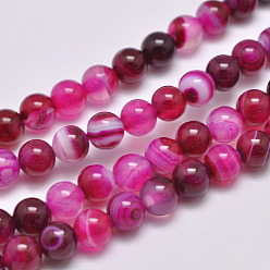 Deep Pink Natural Striped Agate/Banded Agate Bead Strands, Dyed & Heated, Round, Grade A, Deep Pink, 6mm, Hole: 1mm, about 63pcs/strand, 14.7 inch(375mm)