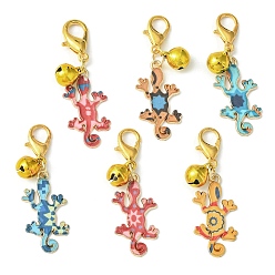 Mixed Color Gecko Alloy Enamel Pendants Decoraiton, with Bell Charm and Zinc Alloy Lobster Claw Clasps, Mixed Color, 45mm, 6pcs/set