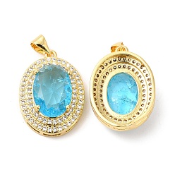 Sky Blue Real 16K Gold Plated Brass Micro Pave Cubic Zirconia Pendants, with Glass, Oval Charms, Sky Blue, 23x17x8mm, Hole: 5x3.5mm