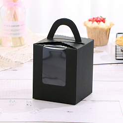 Noir Boîte à gâteau individuelle pliable en papier kraft, boîte d'emballage de petit gâteau unique de boulangerie, rectangle avec fenêtre transparente et poignée, noir, 91x92x110mm