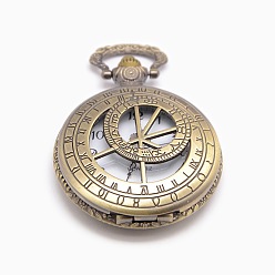 Antique Bronze Roman Number Vintage Hollow Flat Round Alloy Quartz Watch Heads Pendants for Pocket Watch Necklace Making, Antique Bronze, 60x46x15mm