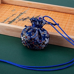 Dark Blue Cloth Embroidery Flower Storage Bags, Drawstring Pouches Packaging Bag, Round, Dark Blue, 7.5x8cm