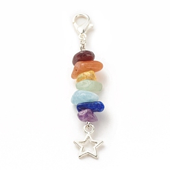 Mixed Stone Chakra Theme Natural Gemstone Pendant Decorations, with Alloy Lobster Claw Clasps, Tibetan Style Star Pendant, 5.85cm