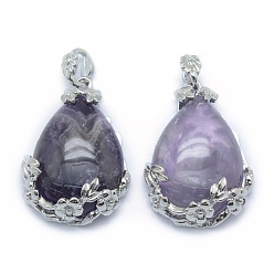 Amethyst Natural Amethyst Pendants, with Alloy Findings, teardrop, Platinum, 40.5x28.5x10mm, Hole: 4.5x8mm