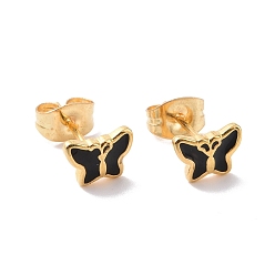 Black Enamel Butterfly Stud Earrings with 316L Surgical Stainless Steel Pins, Gold Plated 304 Stainless Steel Jewelry for Women, Black, 7.5x5.5mm, Pin: 0.7mm