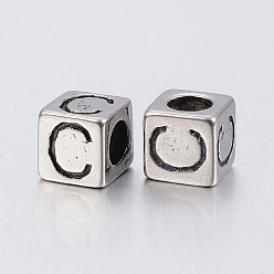 Antique Silver 304 Stainless Steel Large Hole Letter European Beads, Cube with Letter.C, Antique Silver, 8x8x8mm, Hole: 5mm