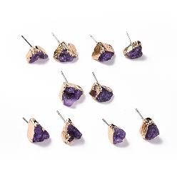 Purple Natural Dyed Druzy Quartz Stud Earrings, with Brass Findings, Nuggets, Golden, Purple, 3~13x3~13x4~9mm, Pin: 0.7mm