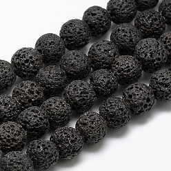 Noir Brins de perles de pierre de lave naturelle, teint, ronde, noir, 8~9mm, Trou: 1mm, Environ 46~48 pcs/chapelet, 15.1 pouce