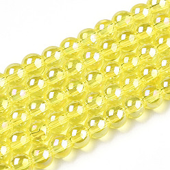 Yellow Electroplate Transparent Glass Beads Strands, AB Color Plated, Round, Yellow, 4~4.5mm, Hole: 0.8mm, about 97~99pcs/strand, 14.76 inch~14.96 inch(37.5~38cm)