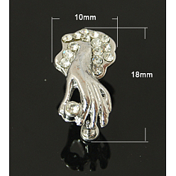 Platino Recogida de latón hielo y pellizco fianzas, con diamante de imitación, mano, Platino, 18x10 mm, pin: 1 mm