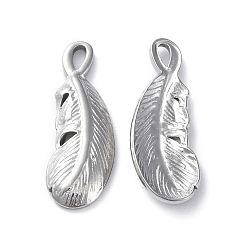 Stainless Steel Color 304 Stainless Steel Pendants, Feather Charm, Stainless Steel Color, 20x7x2mm, Hole: 1x2mm