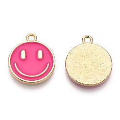 Deep Pink Light Gold Tone Alloy Enamel Pendants, Flat Round with Smiling Face Charms, Deep Pink, 19x16x1.5mm, Hole: 1.8mm