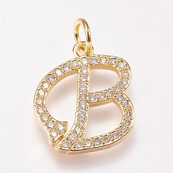 Letter B Brass Micro Pave Cubic Zirconia Letter Pendants, Letter.B, 13x16x2mm, Hole: 3mm
