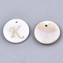 Letter K Natural Freshwater Shell Pendants, with Golden Plated Brass Etched Metal Embellishments, Flat Round with Letter, Letter.K, 15x2mm, Hole: 1.2mm