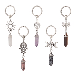 Mixed Stone Double Terminated Pointed Bullet Gemstone Pendant Keychain, with 304 Stainless Steel Split and Alloy Findings, Sun/Lotus/Tree of Life/Moon/Hamsa Hand, 9.2~116.5cm