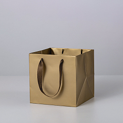 Dark Goldenrod Solid Color Kraft Paper Gift Bags with Ribbon Handles, for Birthday Wedding Christmas Party Shopping Bags, Square, Dark Goldenrod, 25x25x25cm