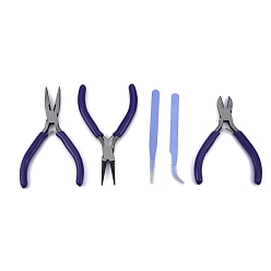 Purple 45# Steel Pliers & Tweezers Set, with Plastic Handles, including Side Cutter Pliers, Round Nose Plier, Needle Nose Wire Cutter Plier, Straight & Bent Tip Tweezers, Purple, 10.8~12.3x0.9~8x0.3~0.95cm, 5pcs/set