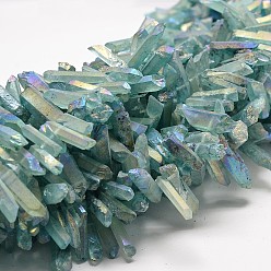 Medium Aquamarine Electroplate Natural Nuggets Quartz Crystal Beads Strands, Grade AB, Dyed AB Color Plated, Medium Aquamarine, 20~56x6~8x6~7mm, Hole: 1mm, about 72pcs/strand, 15.4 inch(39.1cm)