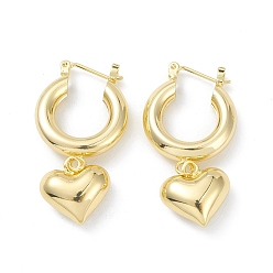 Real 18K Gold Plated Brass Heart Dangle Hoop Earrings for Women, Real 18K Gold Plated, 40mm, Pin: 0.8mm