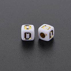 Letter D Opaque White Acrylic Beads, Metal Enlaced, Cube with Letters, Letter.D, 4.5mm, Hole: 2mm, about 5000pcs/500g