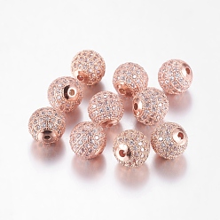 Or Rose Micro en laiton pavent des perles cubes de zircone, ronde, or rose, 10mm, Trou: 2mm