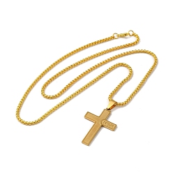 Golden Cross with Word Jesus 201 Stainless Steel Pendant Necklace with Iron Box Chains, Golden, 24.21 inch(61.5cm)