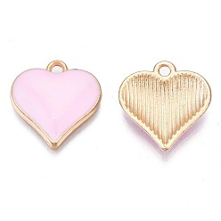 Pink Alloy Enamel Pendants, Cadmium Free & Nickel Free & Lead Free, Light Gold, Heart, Pink, 17x16x3mm, Hole: 1.6mm