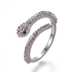 Color de Acero Inoxidable 304 anillos de puño de acero inoxidable, anillos abiertos, con diamantes de imitación de arcilla polimérica, serpiente, cristal y esmeralda, color acero inoxidable, tamaño de 6~9, 16~19 mm