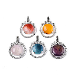 Mixed Color Natural Agate Pendants, with Platinum Plated Brass Findings, Dyed & Heated, Flat Round Charm, Mixed Color, 48x35x8~10mm, Hole: 4x6.5mm