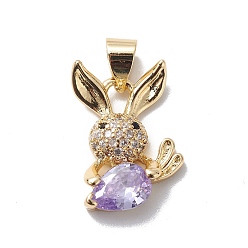 Lilac Rack Plating Brass Cubic Zirconia Charms, Long-Lasting Plated, Cadmium Free & Lead Free, Real 18K Gold Plated, Rabbit with Carrot Charm, Lilac, 18x13x4mm, Hole: 3x5mm