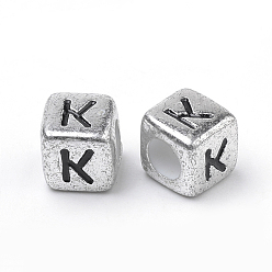 Letter K Покрытие акриловыми шариками, горизонтальное отверстие, куб с письмом, античное серебро, letter.k, 6 мм, отверстие : 3 мм, Около 3000 шт / 500 г