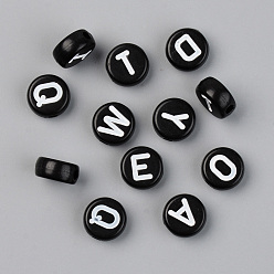 Black Opaque Acrylic Beads, with Enamel, Horizontal Hole, Flat Round with Initial Letter, White, Black, 9.5x4.5mm, Hole: 2mm, 1580pcs/500g